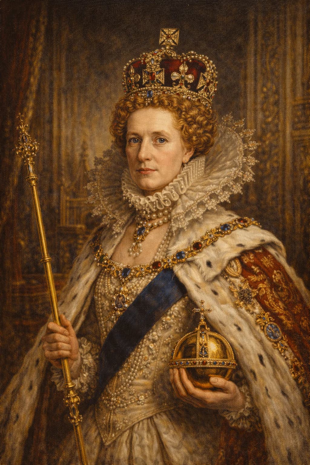 AI-generated portrait of Elizabeth I in Elizabethan royal regalia