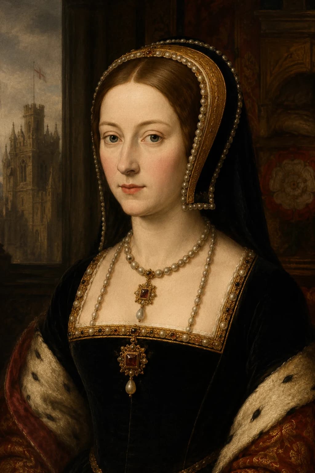 AI-generated portrait of Elizabeth of York in late Tudor court dress