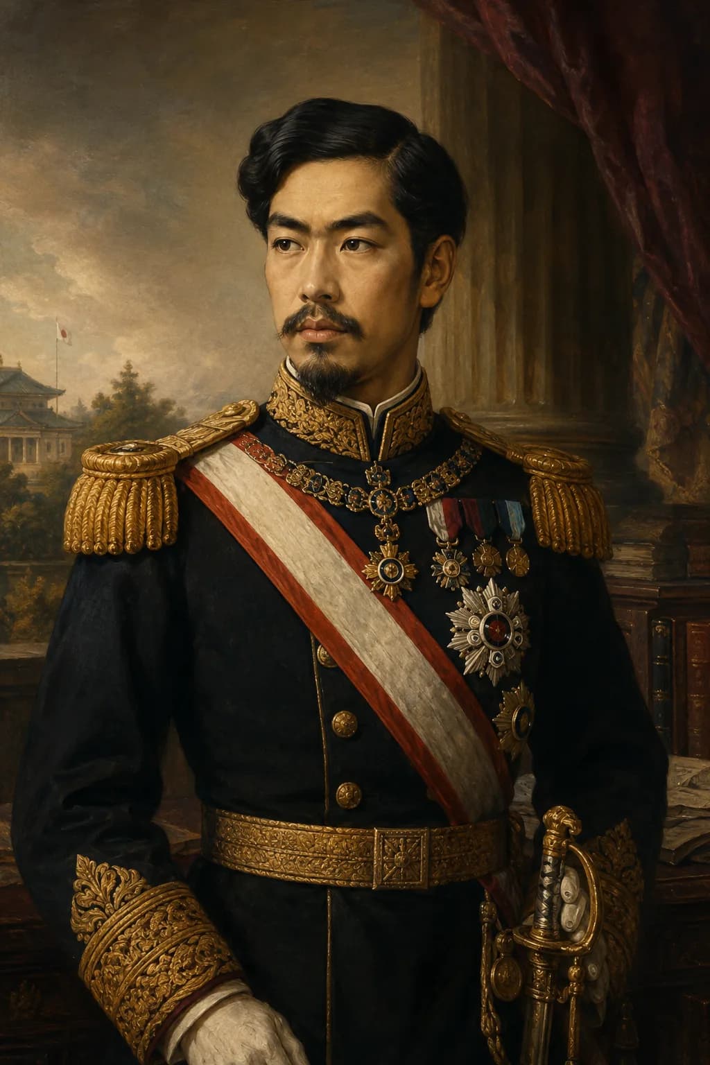 AI-generated portrait of Emperor Meiji in formal imperial military dress