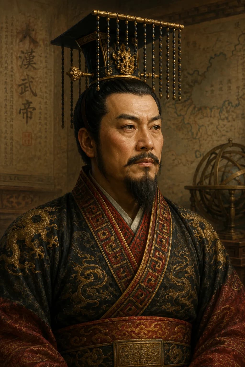 AI-generated portrait of Emperor Wu of Han in imperial Chinese robes