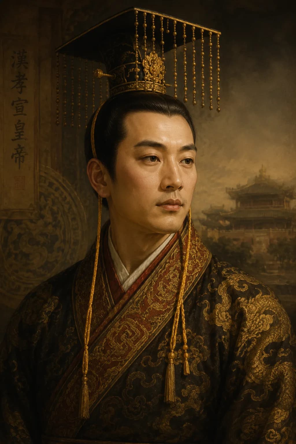 AI-generated portrait of Liu Xie, Emperor Xian of Han, in imperial robes and ceremonial crown