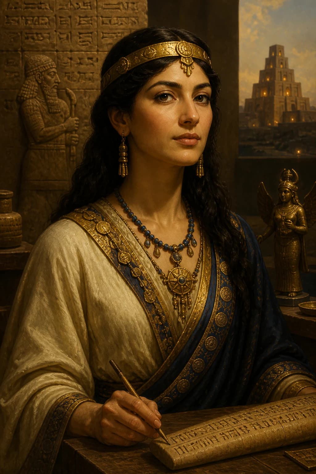 AI-generated portrait of Enheduanna writing before Mesopotamian inscriptions and a ziggurat