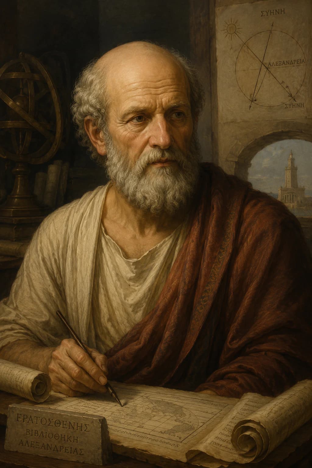 AI-generated portrait of Eratosthenes with maps and astronomical diagrams