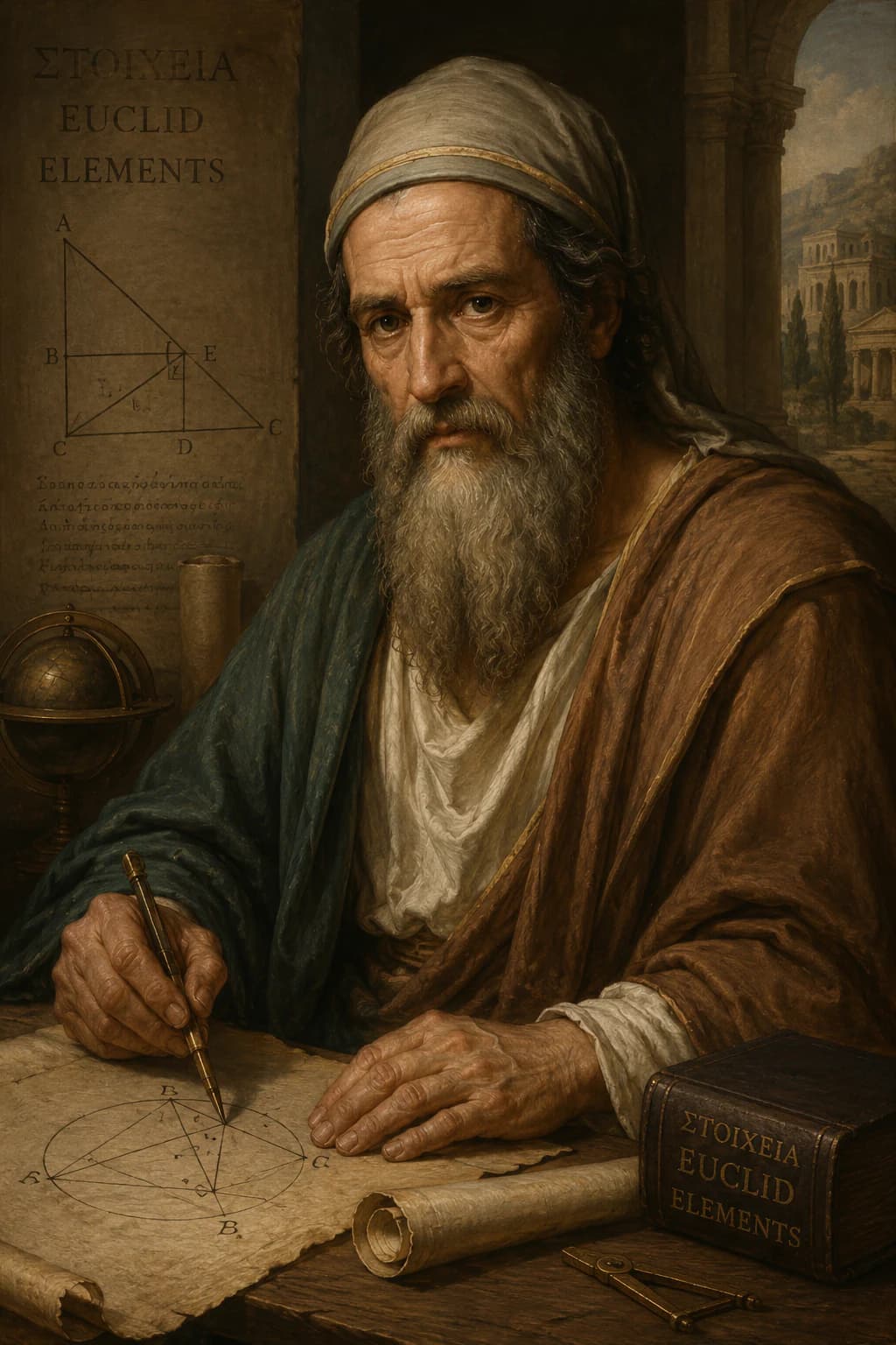 AI-generated portrait of Euclid with geometric diagrams