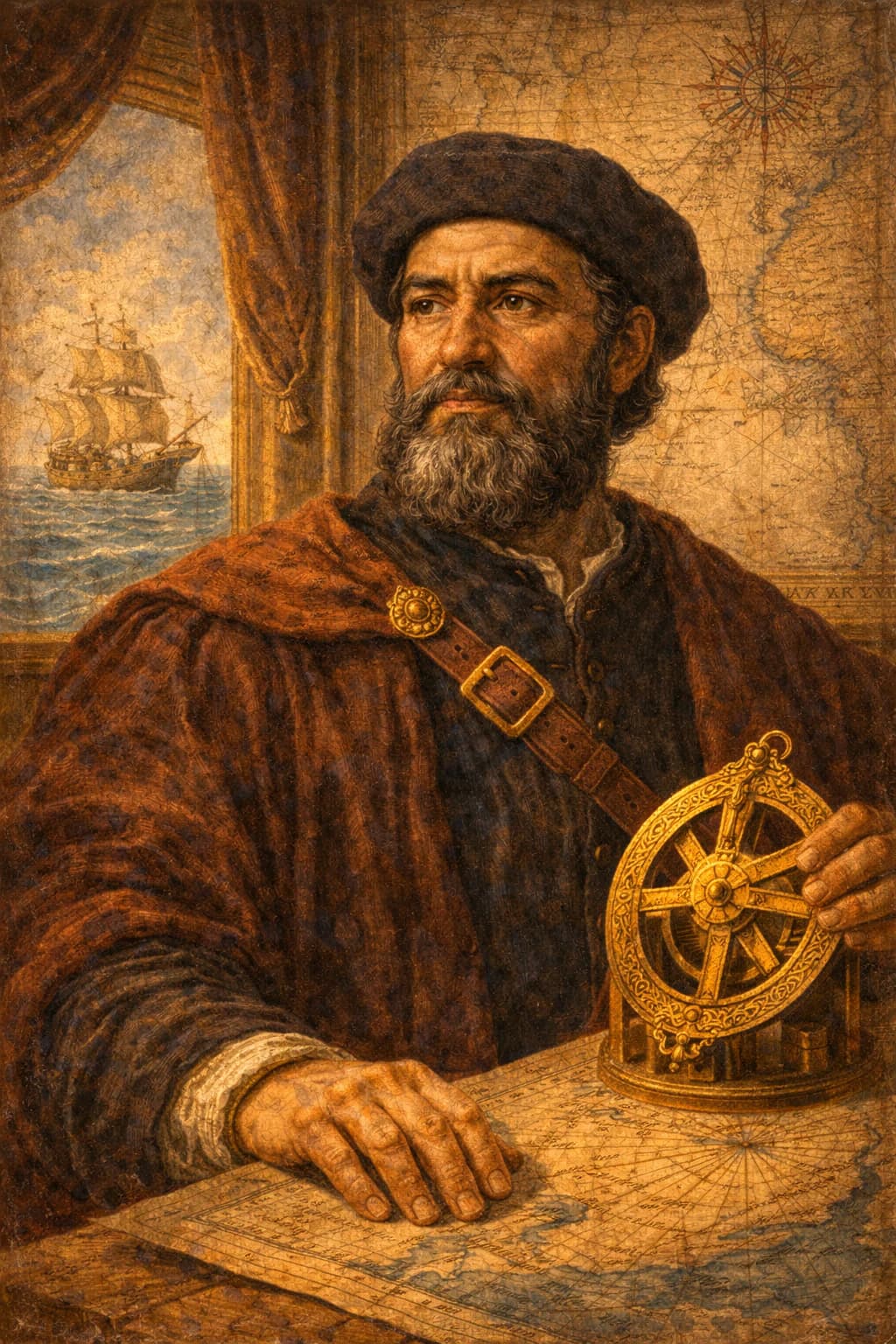 AI-generated portrait of Ferdinand Magellan in 16th-century explorer attire