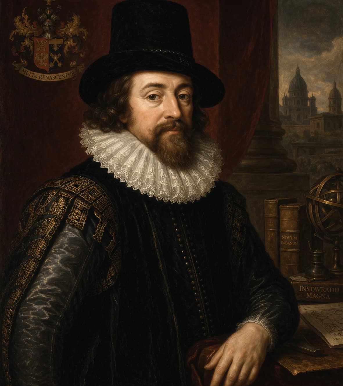 AI-generated portrait of Francis Bacon in formal Jacobean attire