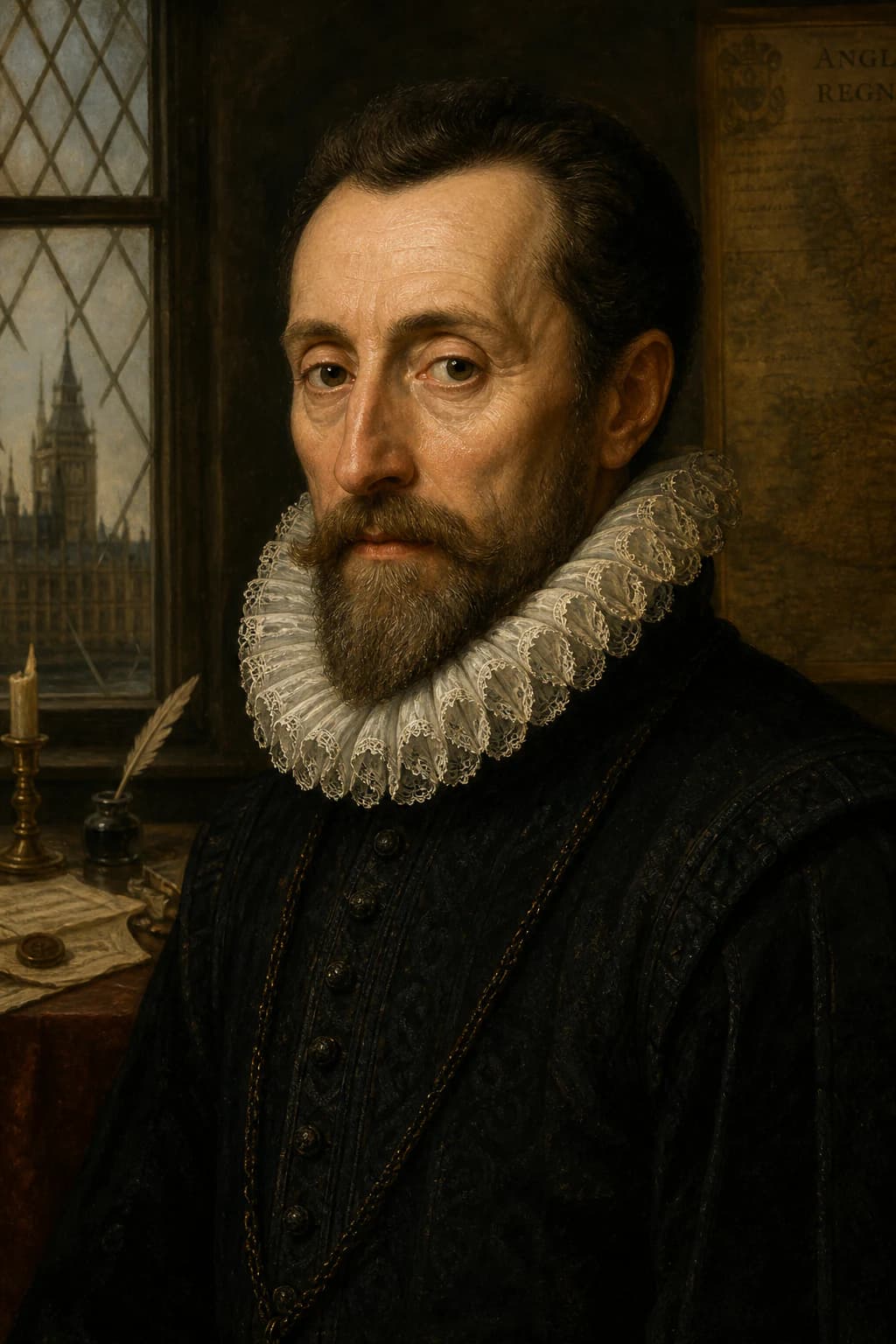 AI-generated portrait of Francis Walsingham in dark Elizabethan dress
