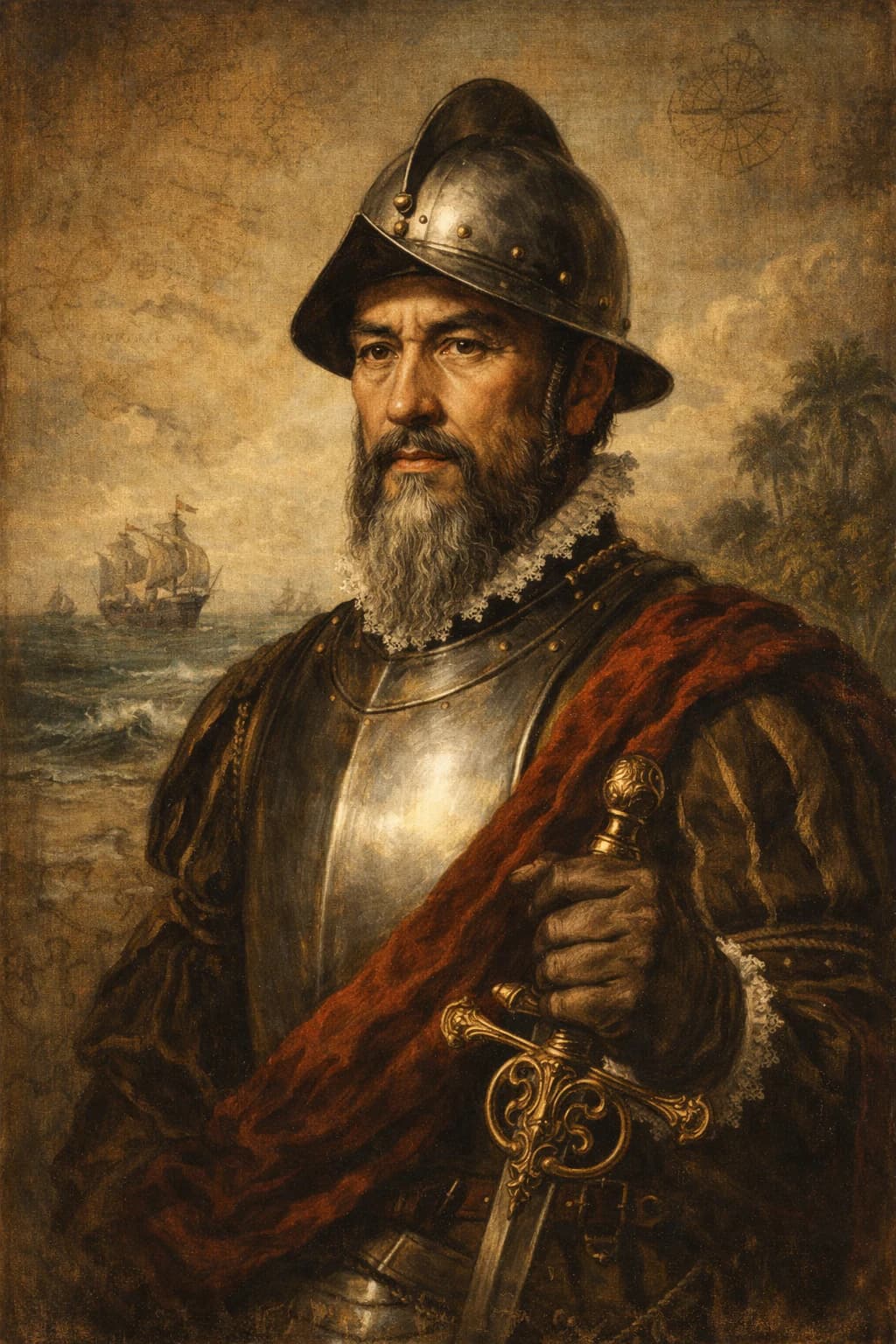AI-generated portrait of Francisco Pizarro in 16th-century conquistador armour