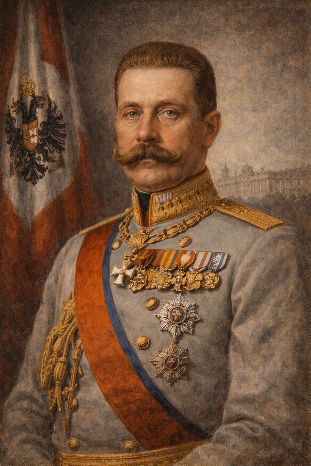 AI-generated portrait of Archduke Franz Ferdinand in Austro-Hungarian military uniform