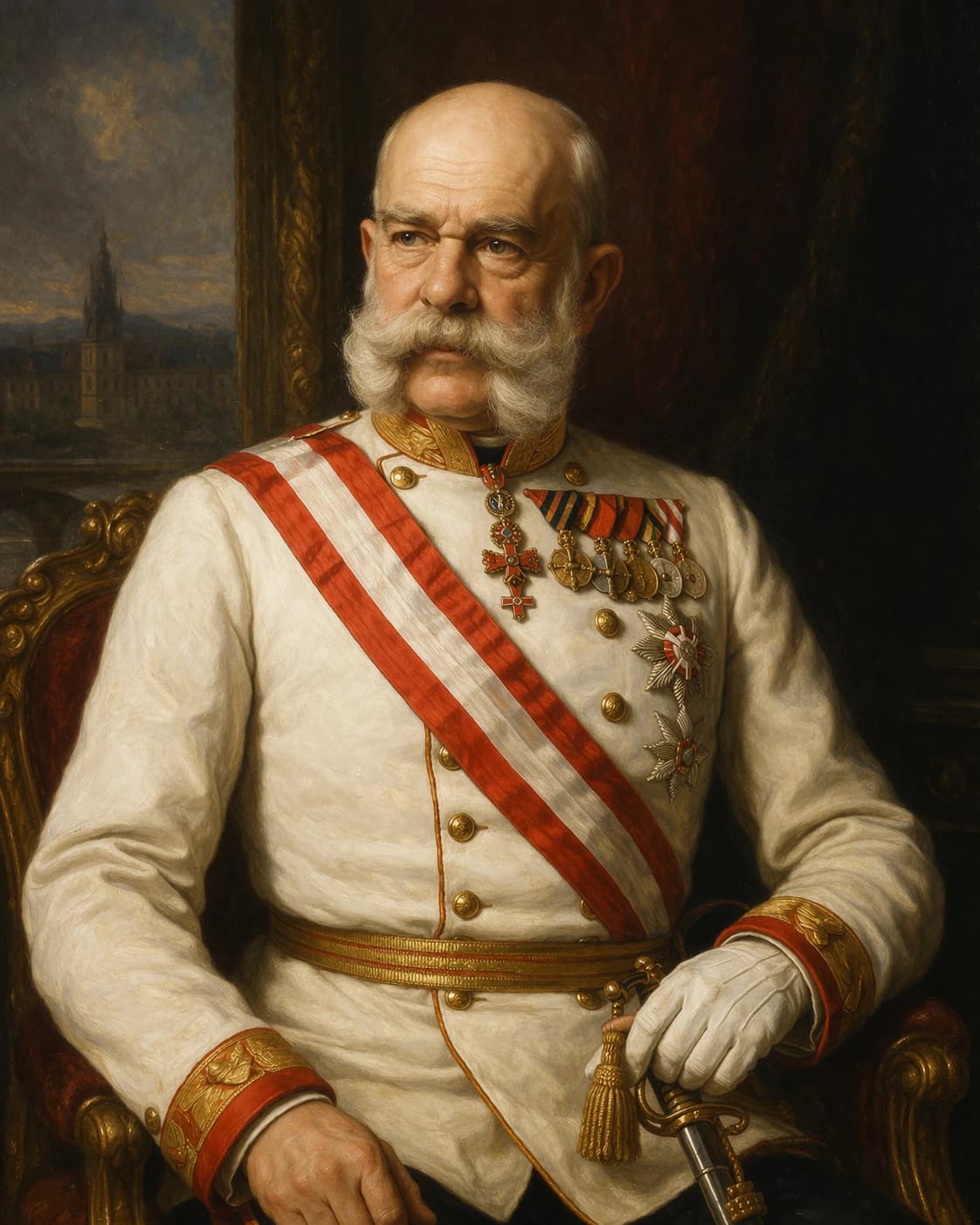 AI-generated portrait of Emperor Franz Joseph I in imperial Austrian military uniform