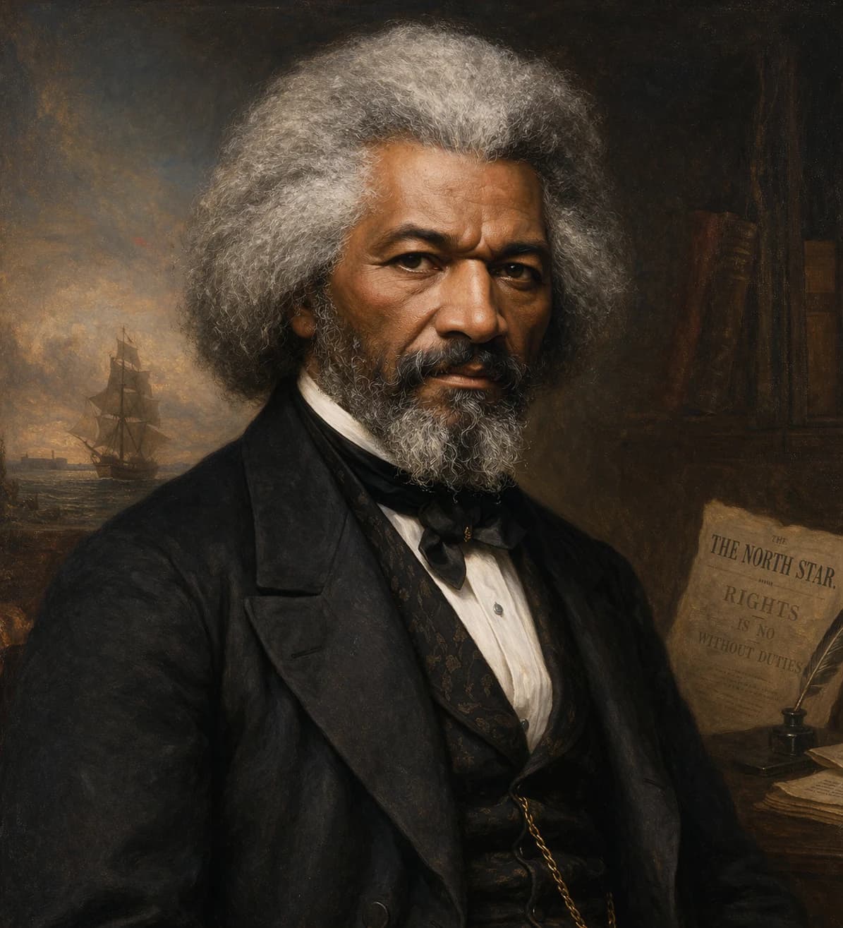AI-generated portrait of Frederick Douglass in formal 19th-century attire