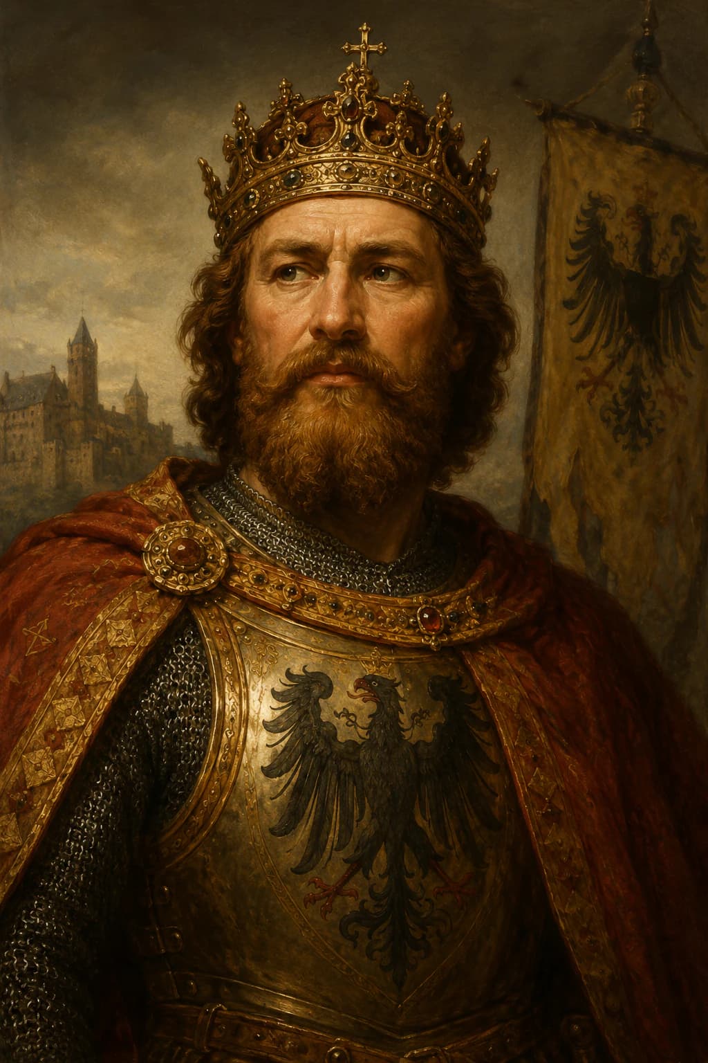 AI-generated portrait of Frederick I Barbarossa in medieval imperial robes