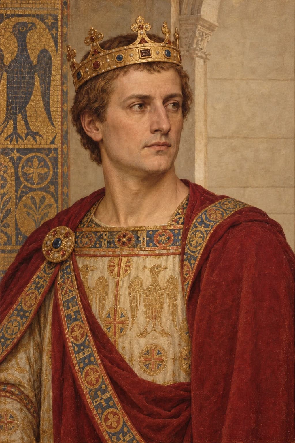AI-generated portrait of Frederick II, Holy Roman Emperor in period clothing; an illustrative historical reconstruction, not a documentary likeness