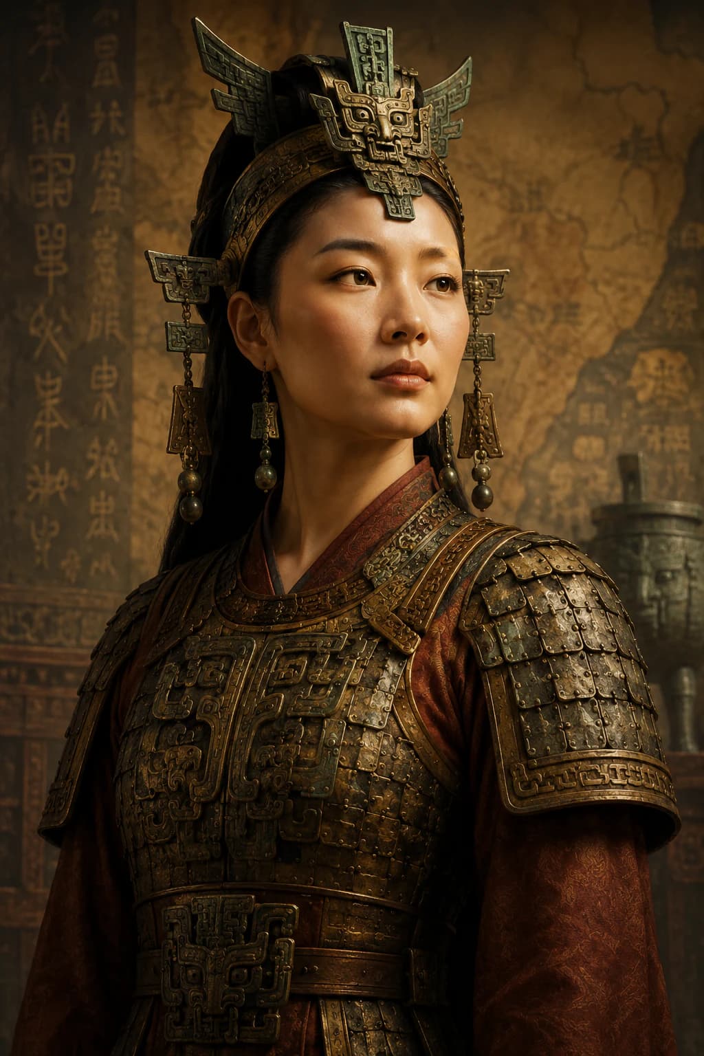 AI-generated portrait of Fu Hao in Shang royal dress with bronze ritual vessels