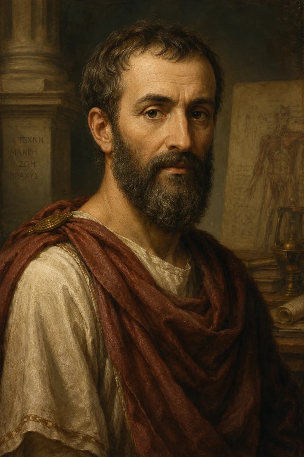 AI-generated portrait of Galen with anatomical drawings and medical instruments