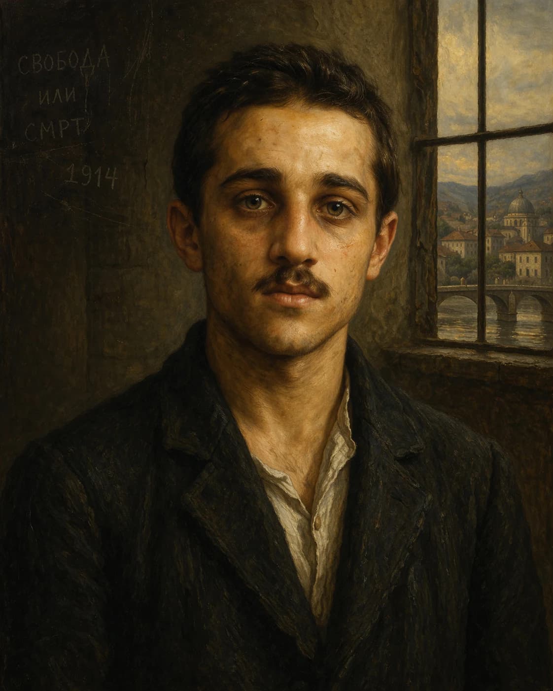AI-generated portrait of Gavrilo Princip in early 20th-century civilian attire