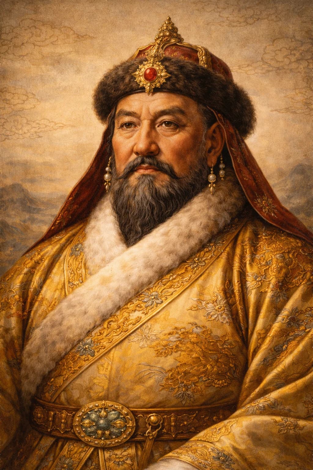 AI-generated portrait of Genghis Khan in Mongol military attire