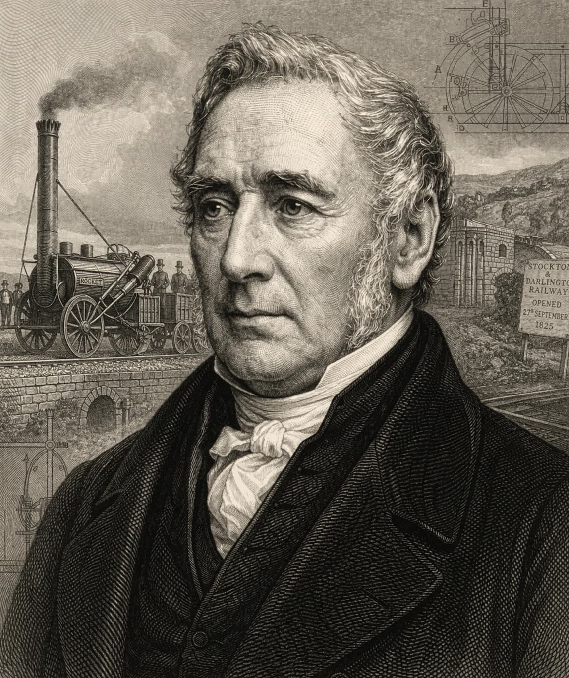 AI-generated portrait of George Stephenson in 19th-century engineer attire