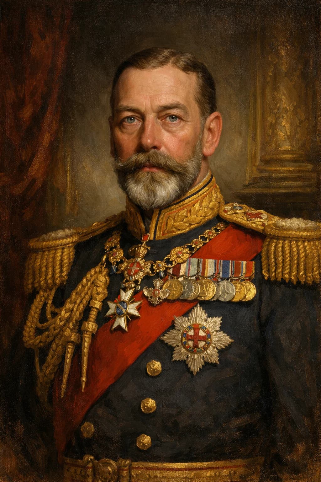AI-generated portrait of George V in early 20th-century royal attire