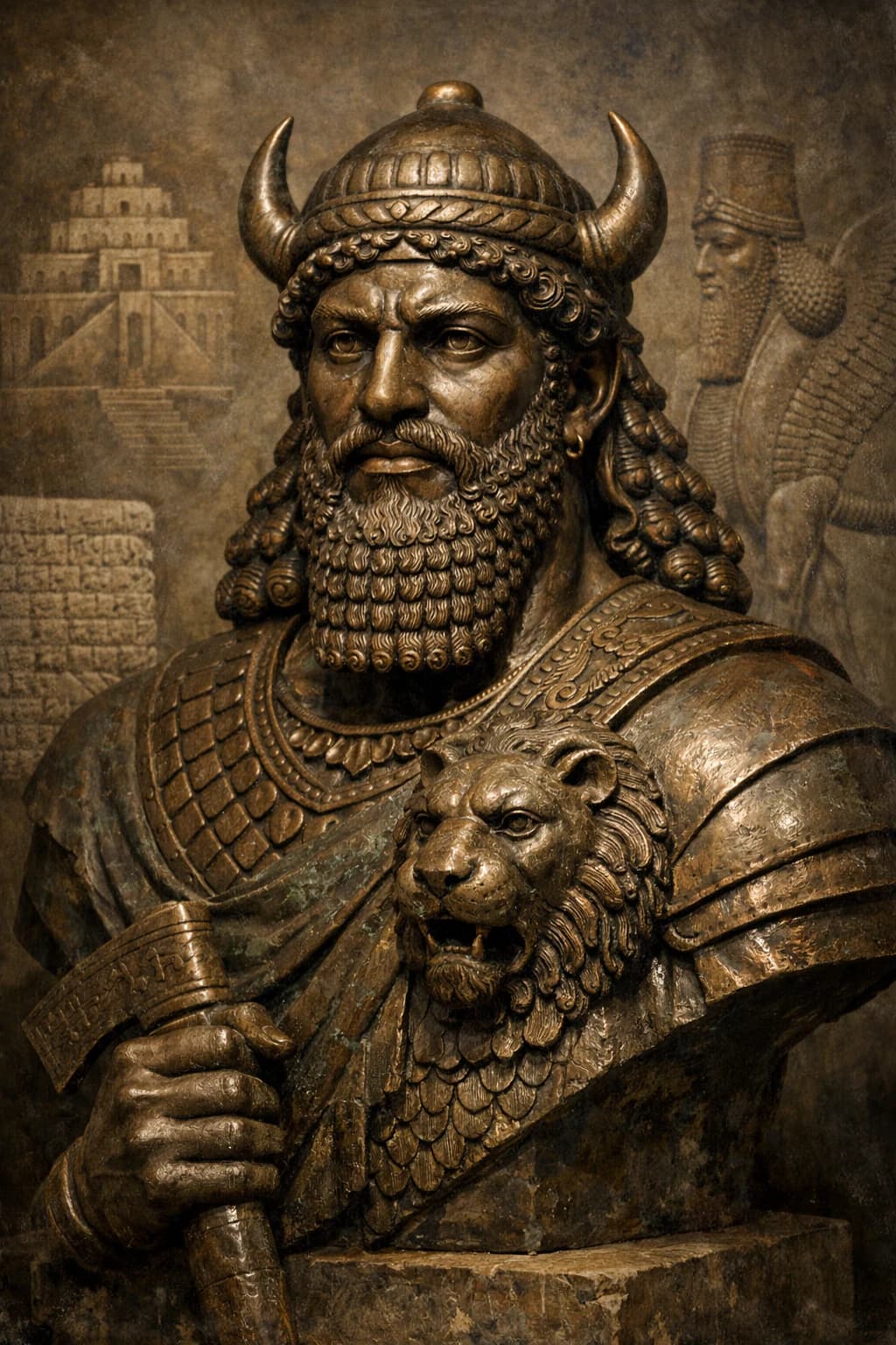 AI-generated portrait of Gilgamesh in ancient Mesopotamian royal attire