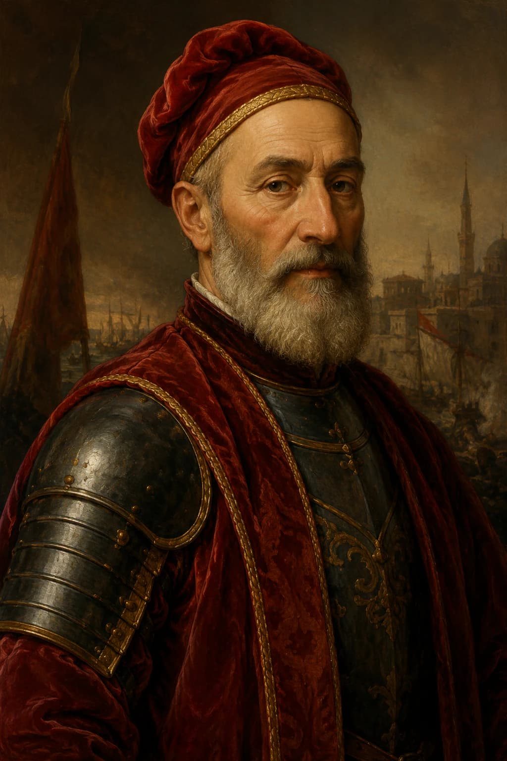 AI-generated portrait of Giovanni Giustiniani in Genoese military dress