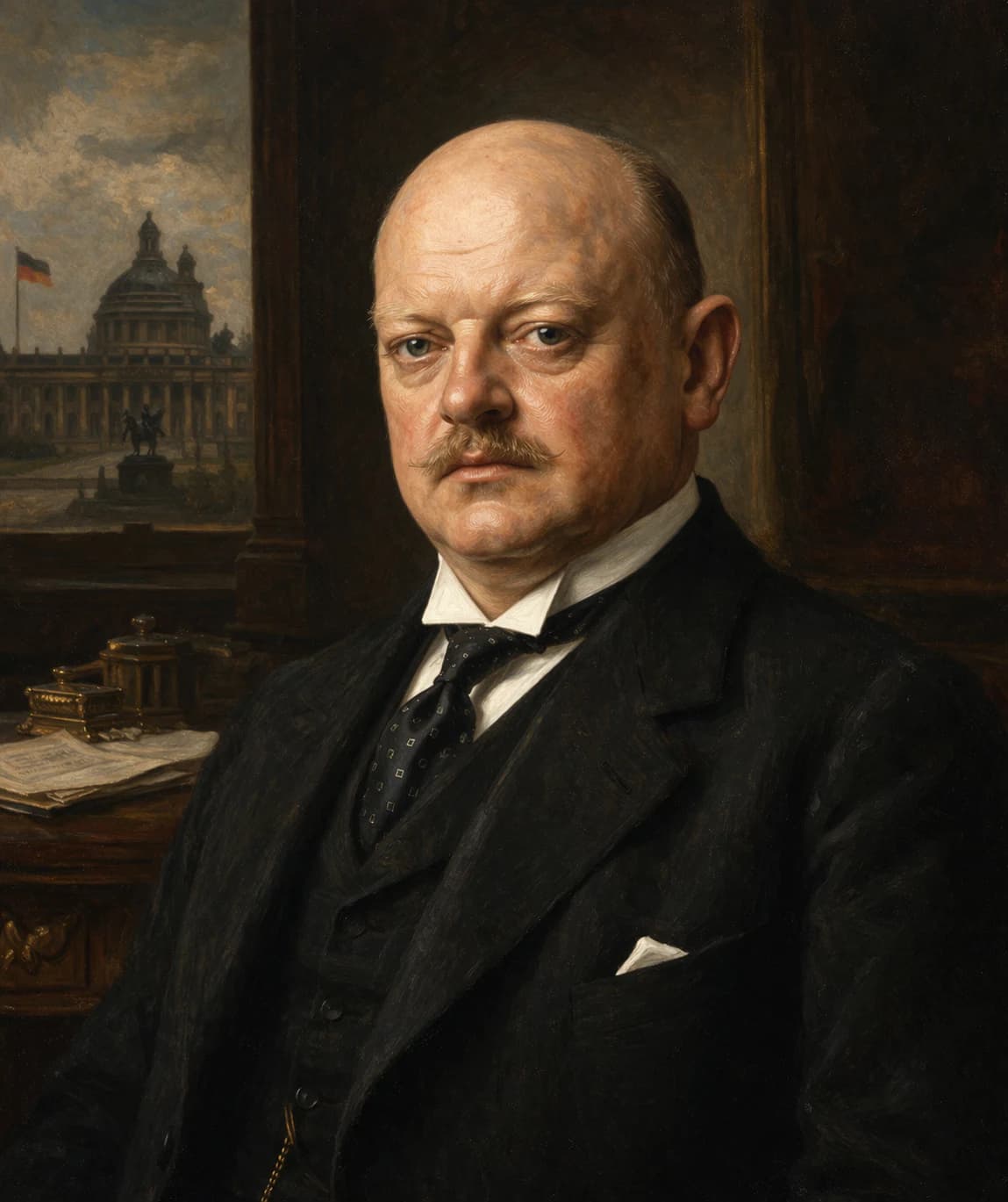 AI-generated portrait of Gustav Stresemann in formal Weimar-era attire