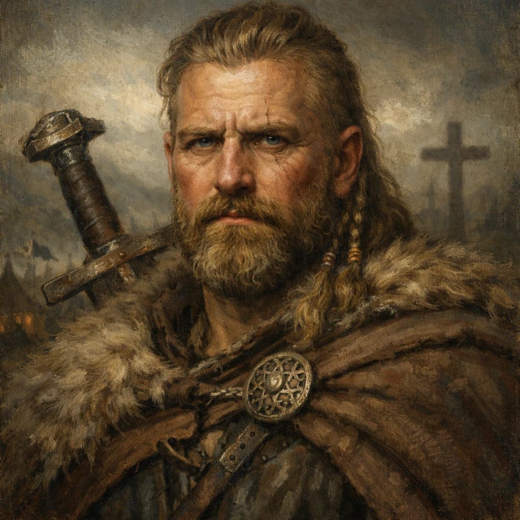 Portrait of Guthrum in Viking warrior attire