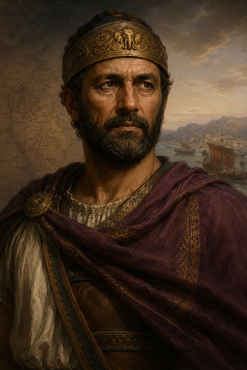 AI-generated portrait of Hamilcar Barca in Carthaginian military armour