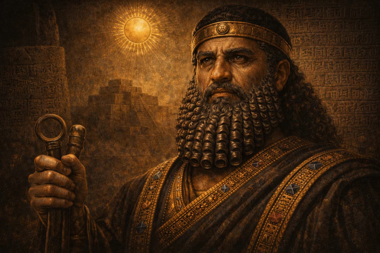 AI-generated portrait of Hammurabi in ancient Babylonian royal attire