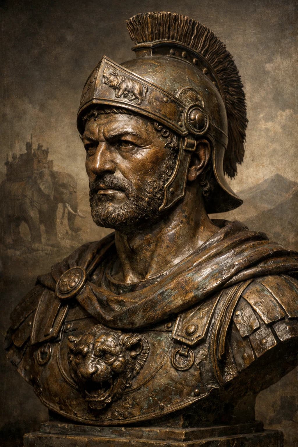 AI-generated portrait of Hannibal Barca in Carthaginian military armour