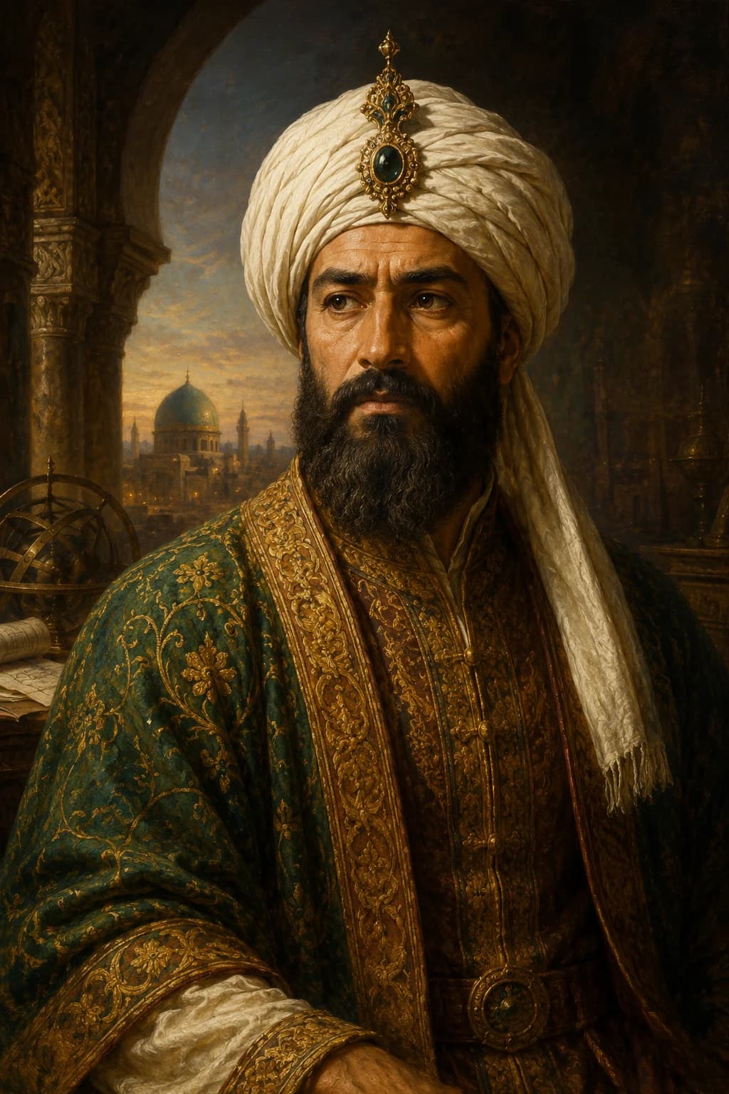 AI-generated portrait of Harun al-Rashid in Abbasid court robes with Baghdad beyond an arch