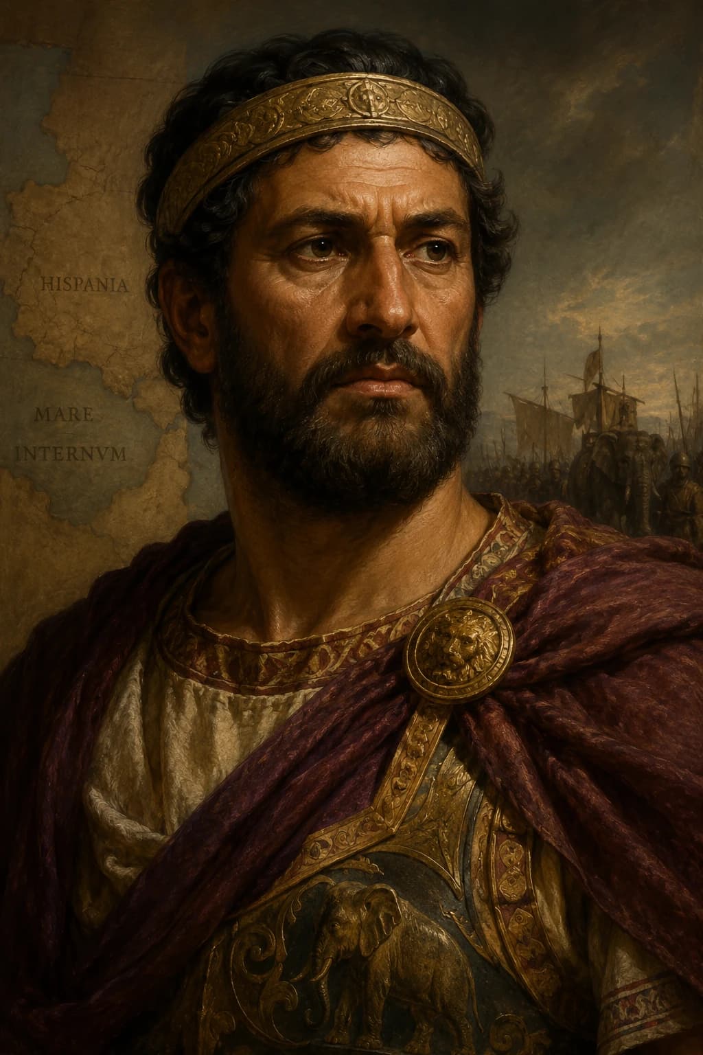 AI-generated portrait of Hasdrubal Barca in Carthaginian military armour