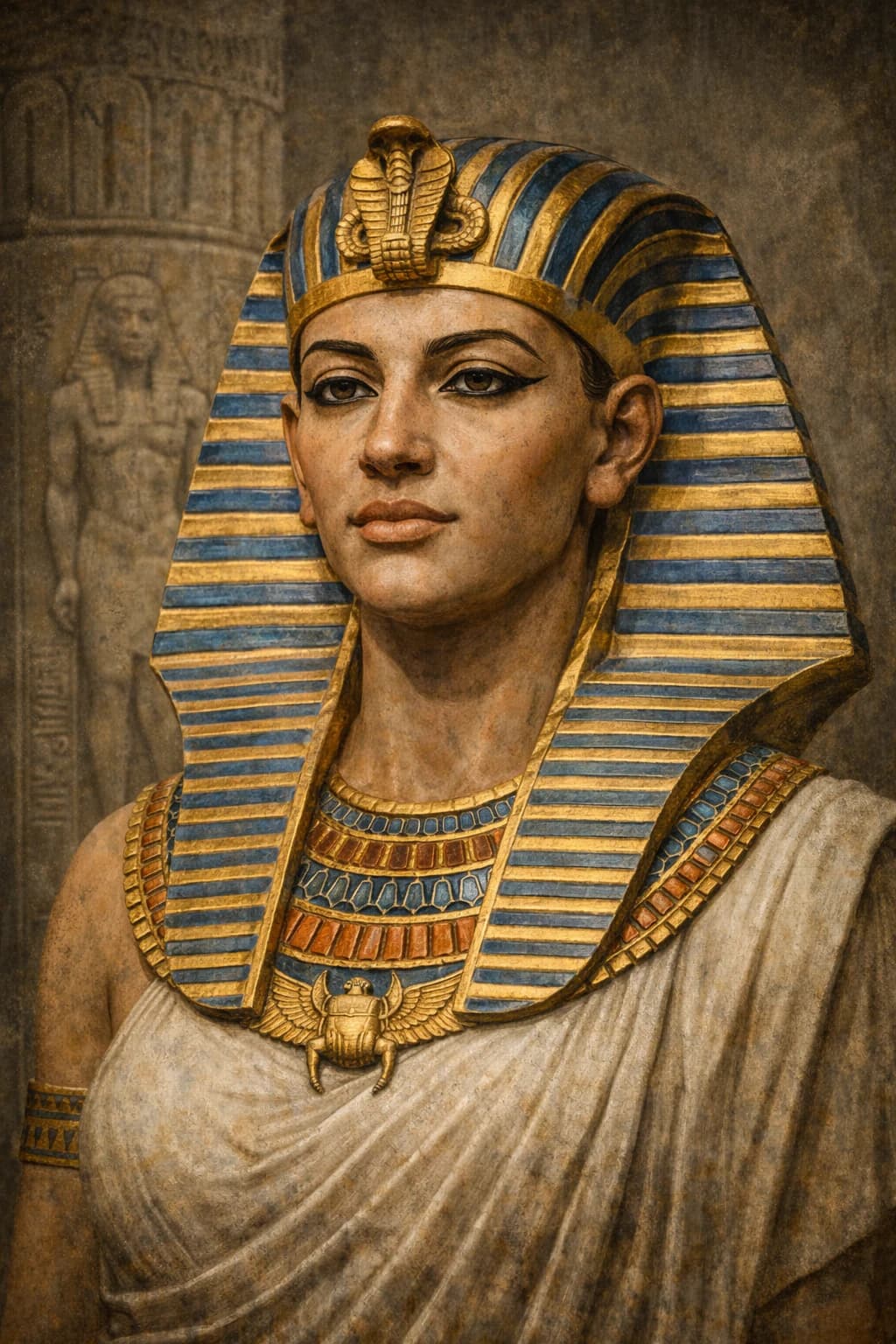 AI-generated portrait of Hatshepsut in ancient Egyptian royal attire