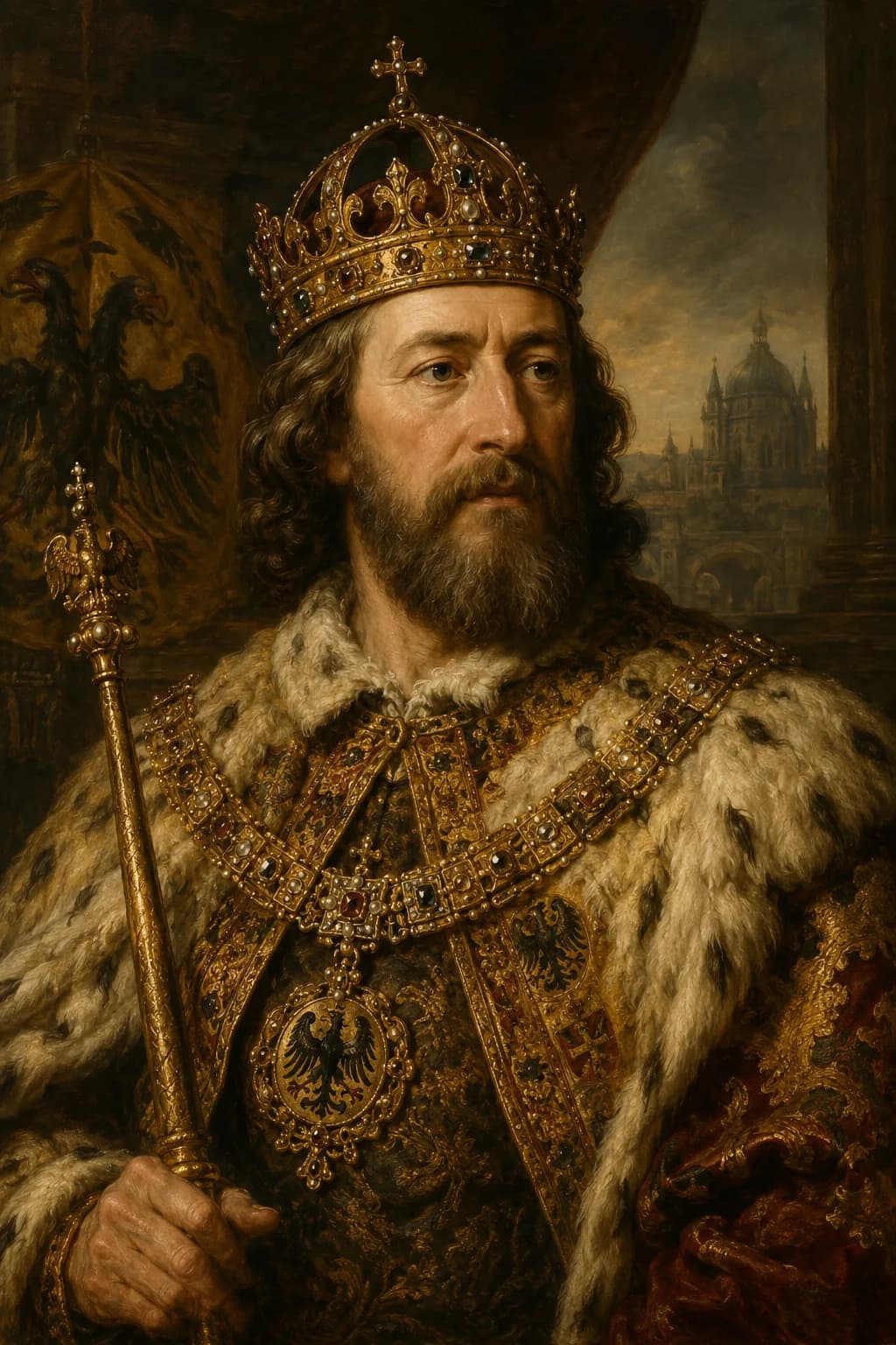 AI-generated portrait of Henry IV, Holy Roman Emperor, holding an imperial sceptre