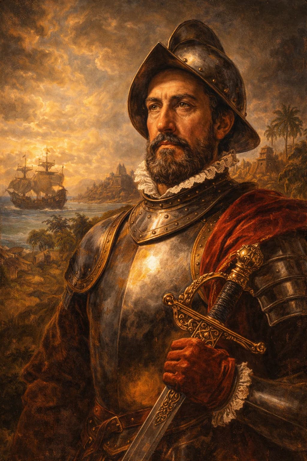 AI-generated portrait of Hernan Cortes in 16th-century Spanish conquistador armour