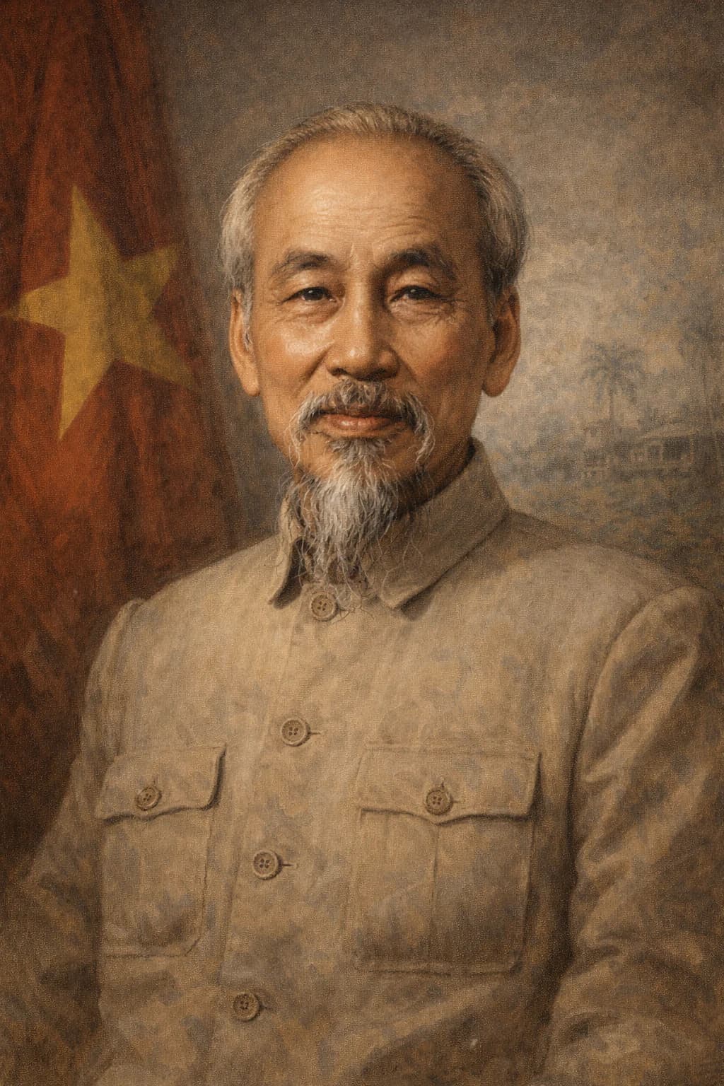 Portrait of Ho Chi Minh in Vietnamese revolutionary attire