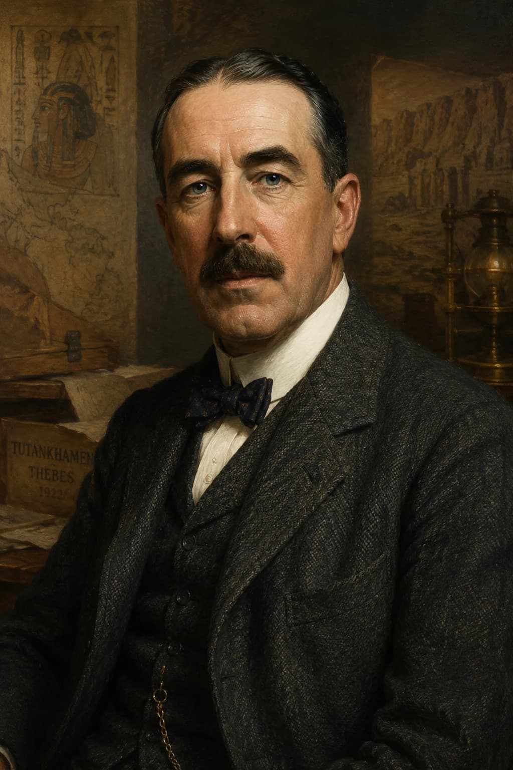 AI-generated portrait of Howard Carter with ancient Egyptian drawings and excavation tools behind him