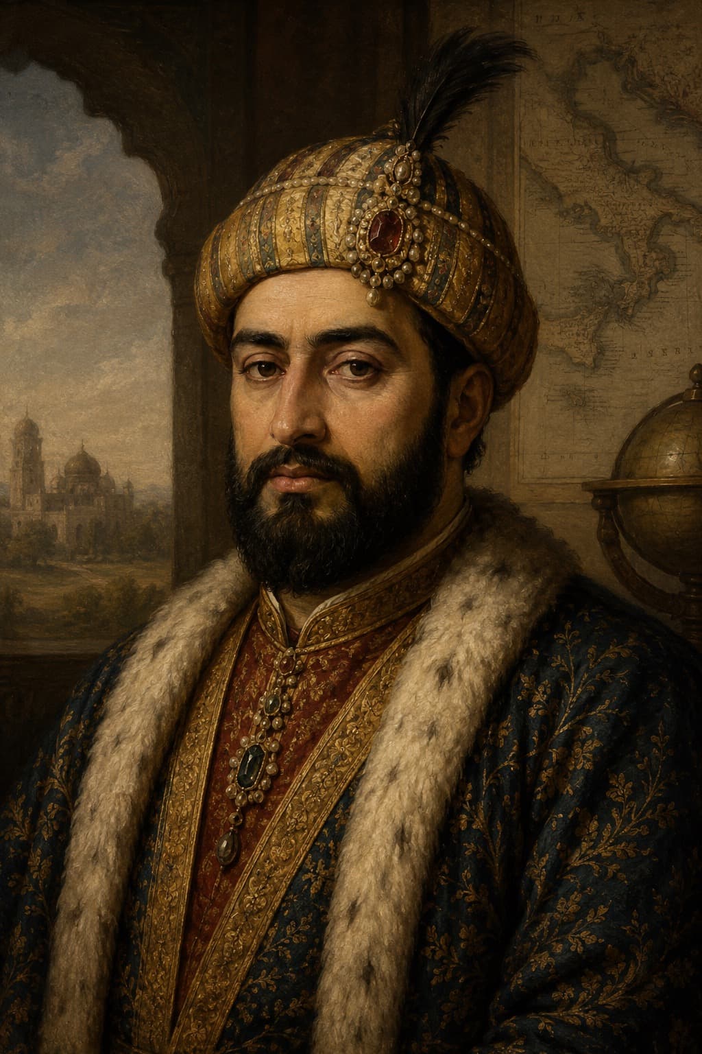 AI-generated portrait of Humayun in Mughal imperial dress