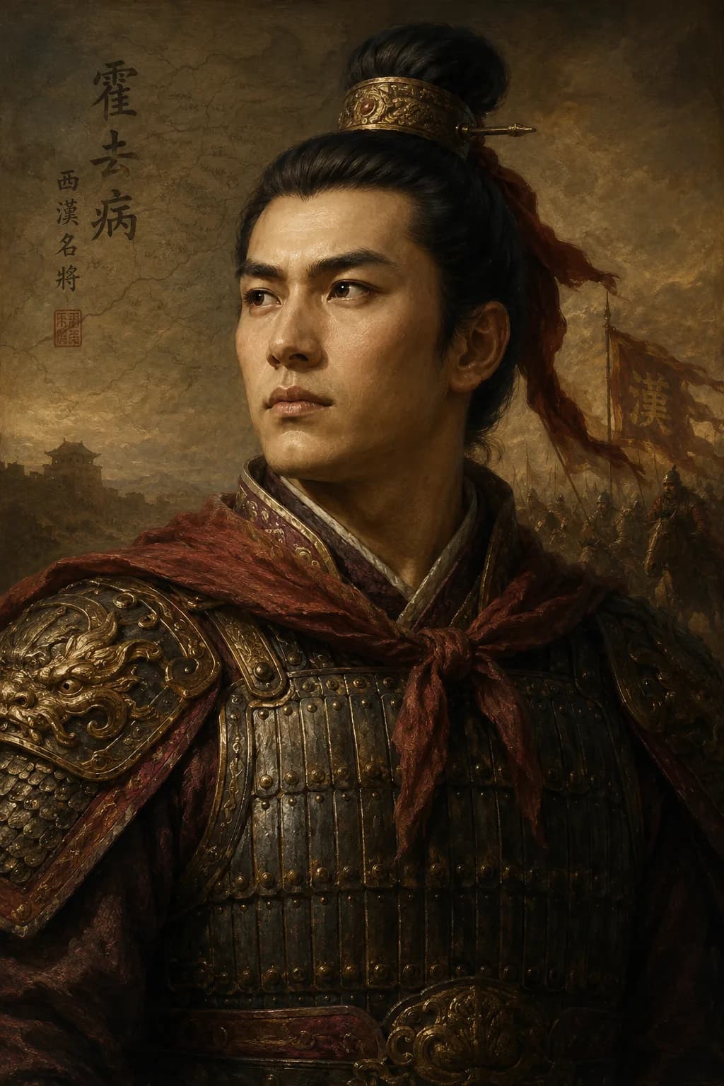 AI-generated portrait of Huo Qubing in armor with Han cavalry on the frontier