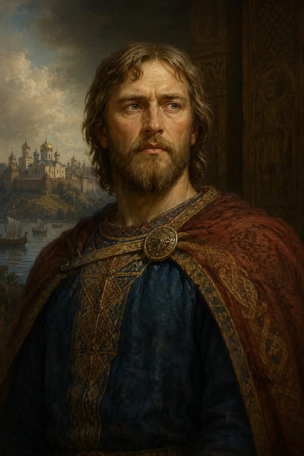 AI-generated portrait of Igor of Kiev in princely Rus attire with Kiev and river boats behind him