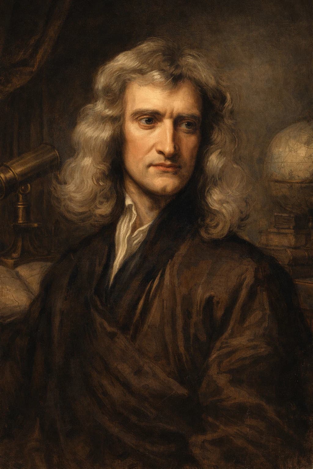 AI-generated portrait of Isaac Newton in 17th-century scholarly attire