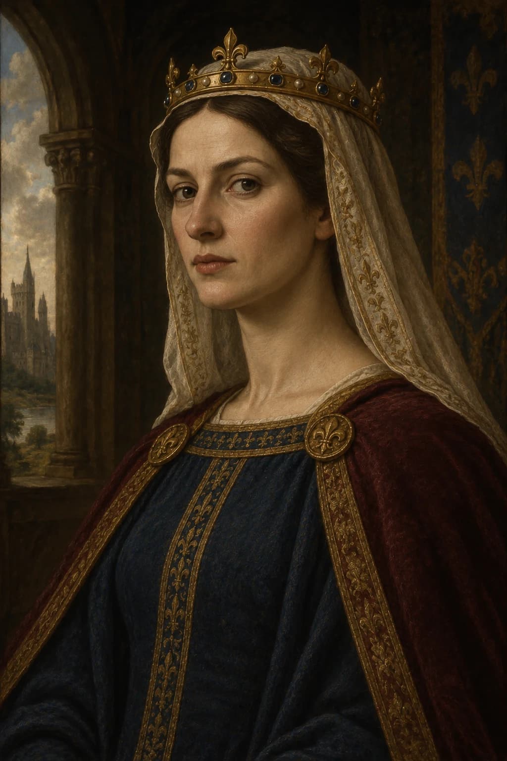 AI-generated portrait of Isabella of France in period clothing; an interpretive reconstruction, not a documented likeness