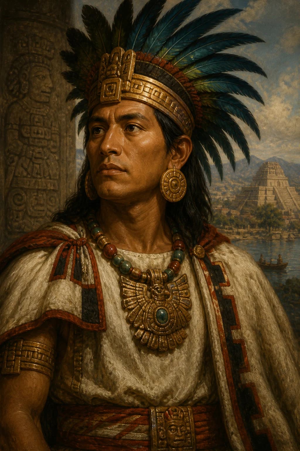 AI-generated portrait of Itzcoatl in a feathered headdress before the temples of Tenochtitlan
