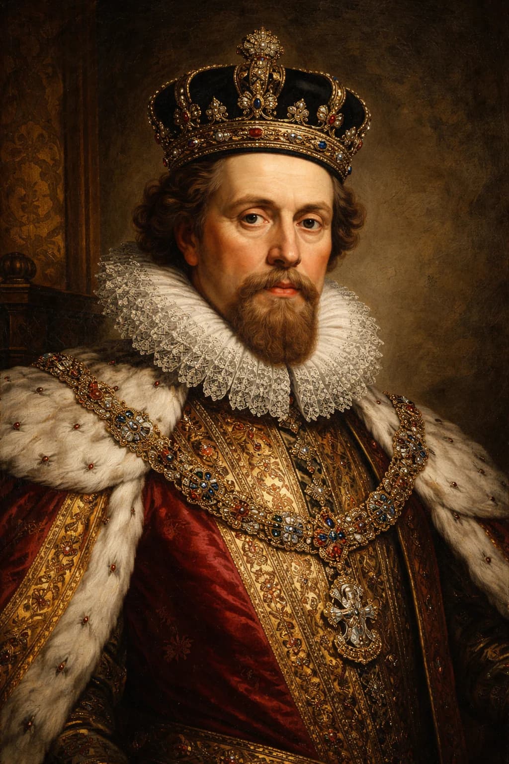 AI-generated portrait of James I in Stuart royal attire