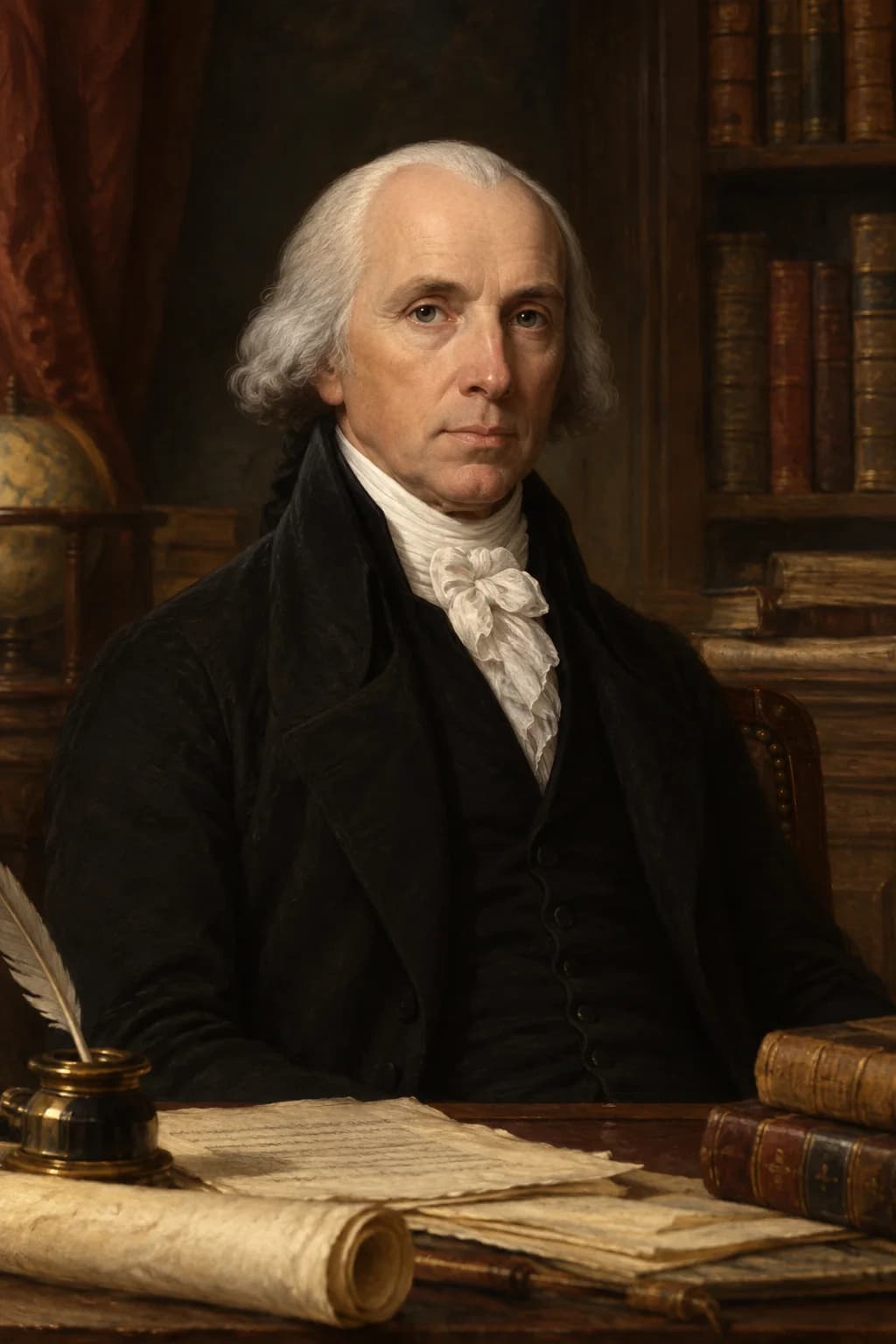 AI-generated portrait of James Madison in formal presidential attire