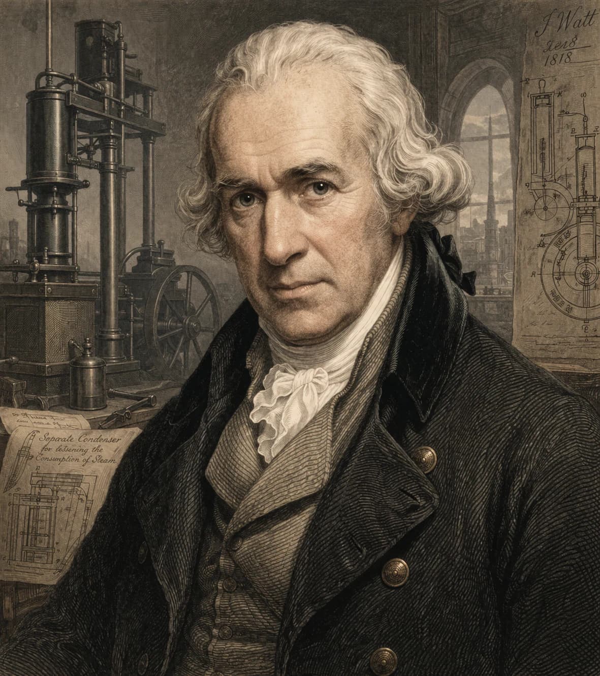 AI-generated portrait of James Watt in 18th-century scholarly attire