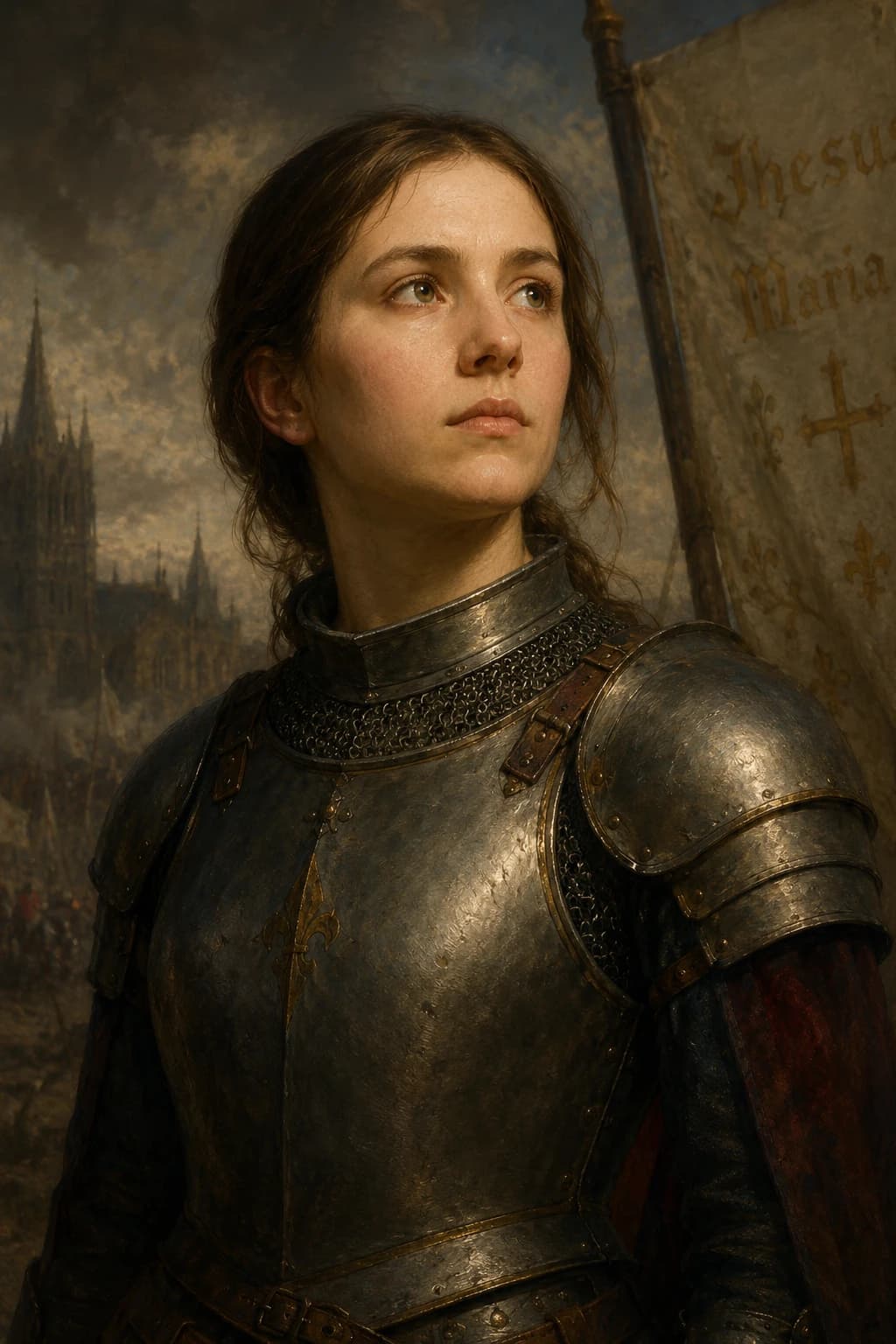 AI-generated portrait of Joan of Arc in armour with her banner