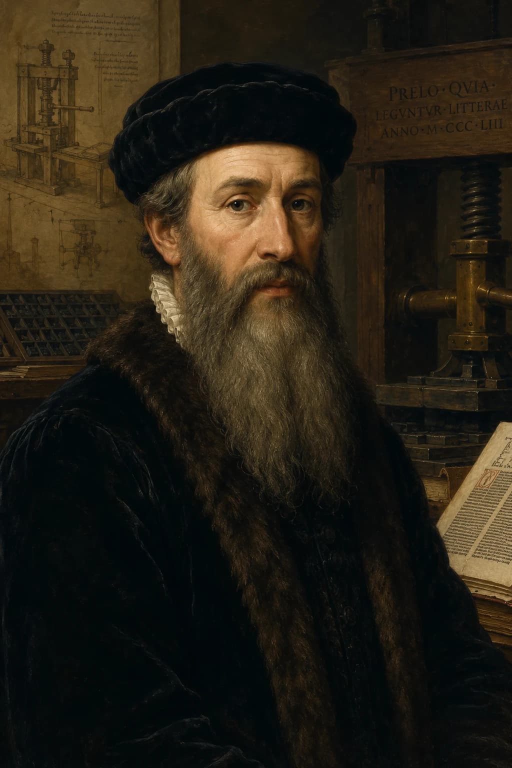 Portrait of Johannes Gutenberg with a printing press and movable type