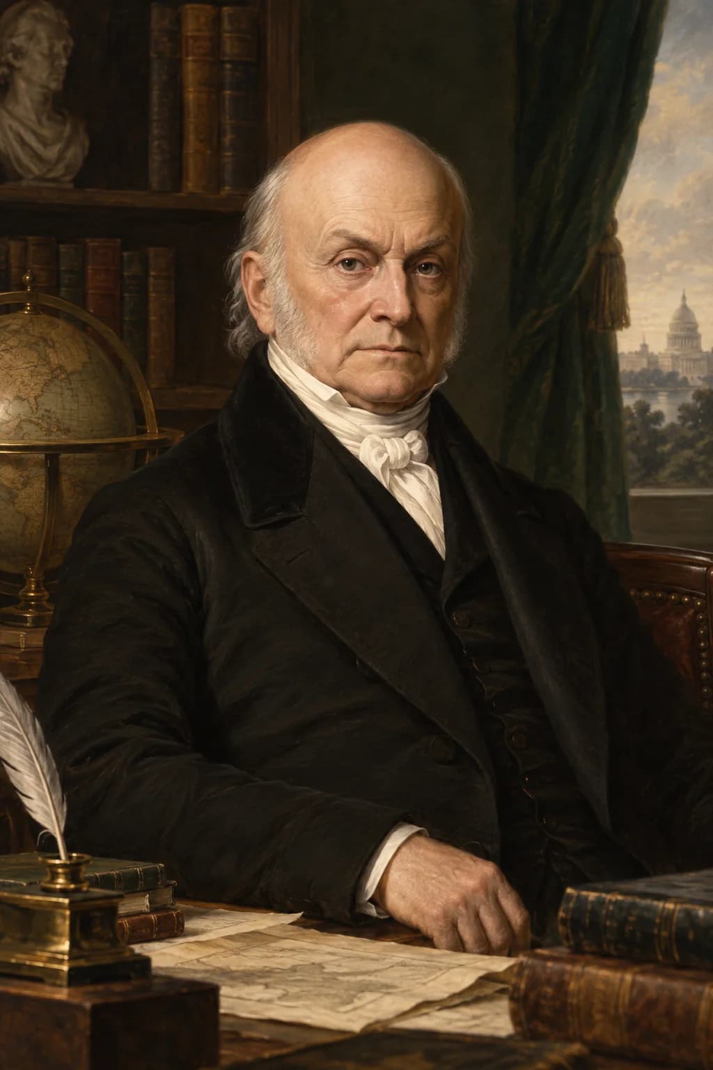 AI-generated portrait of John Quincy Adams in formal presidential attire