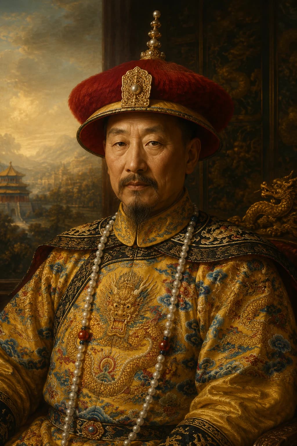 AI-generated portrait of the Kangxi Emperor in Qing imperial robes